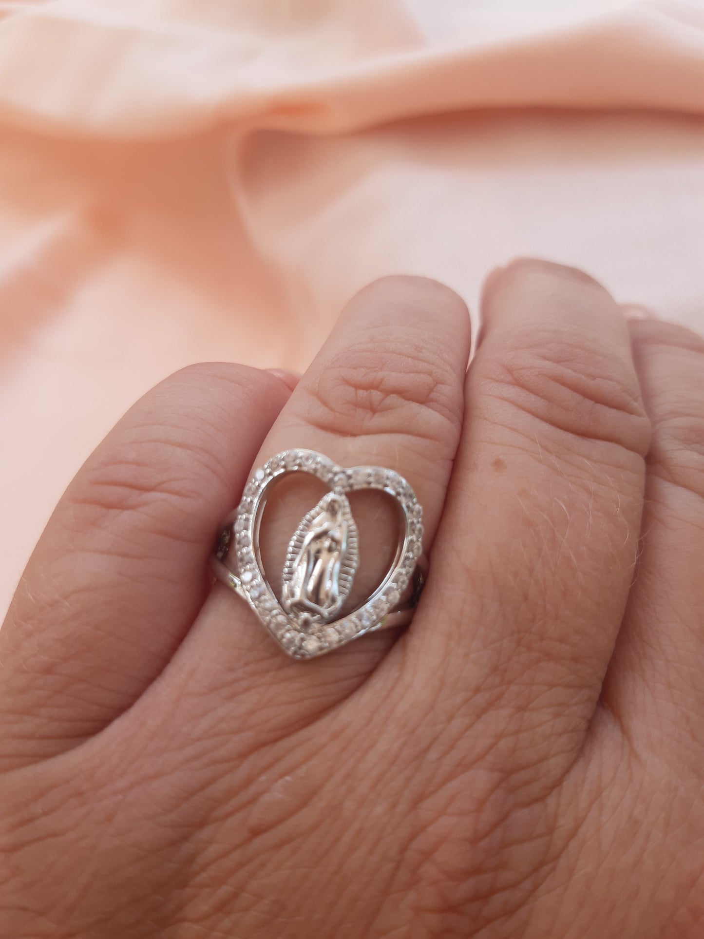 Ring silver style, diamond style, Virgin Mary in heart, open size
