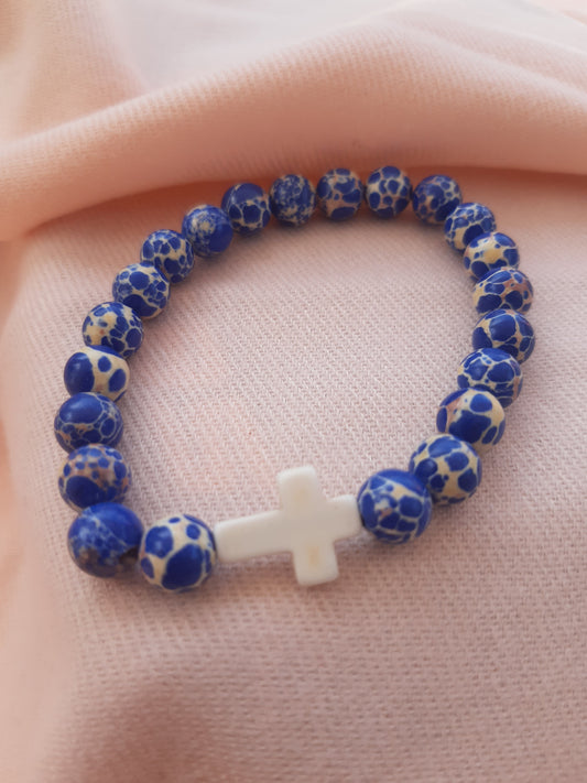 bracelet ocean blue, stone style, sprung, comfortable Rosary with Cross