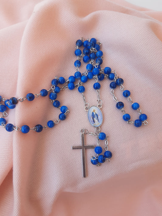 Rosary necklace with deep ocean blue beeds
