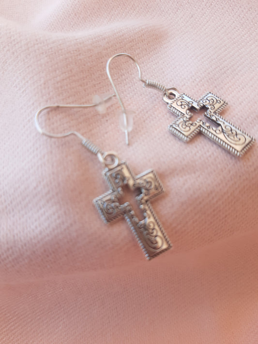 Earrings decoratively cut steel silver style, embellished Cross