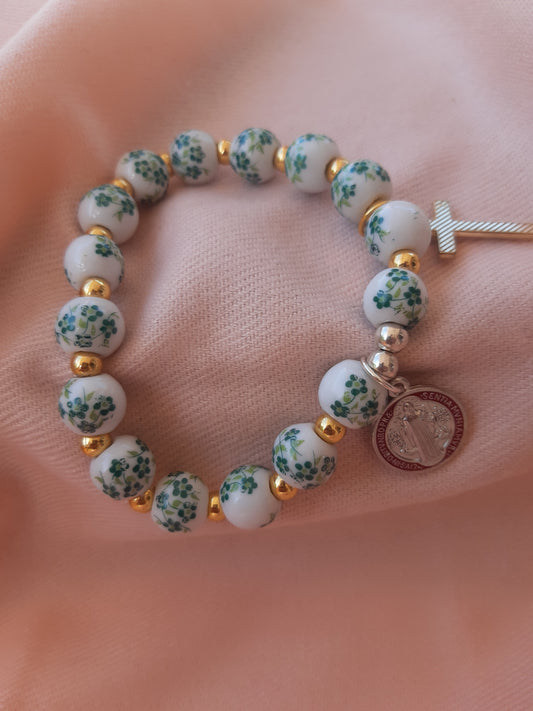 Bracelet Rosary ceramic type with gold and pearl type WHITE dark FLORAL
