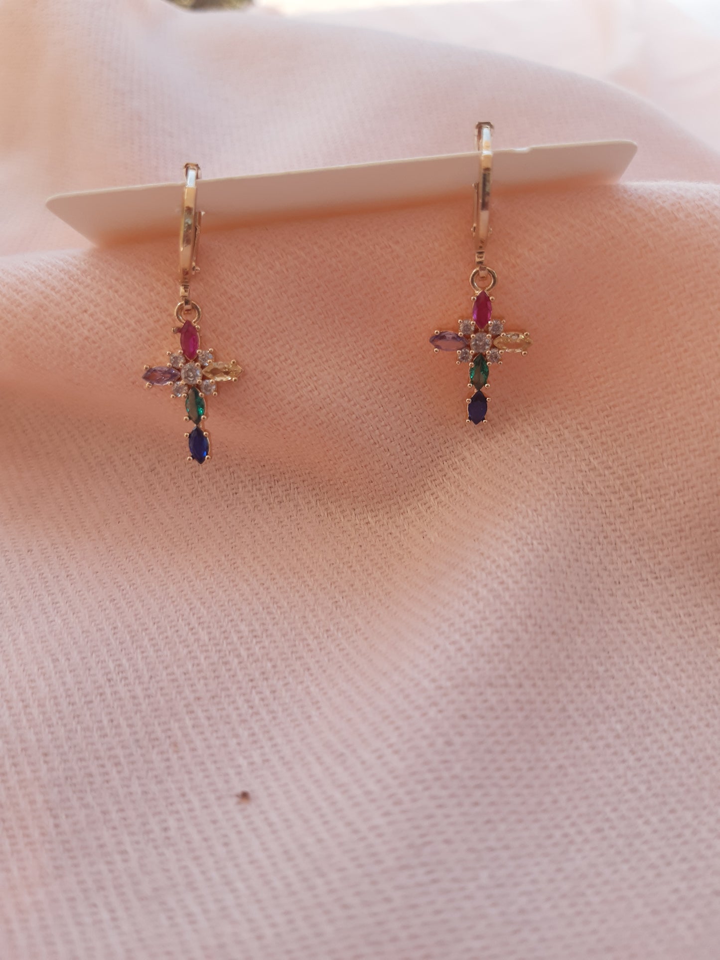 Earrings, Gold style, colored glass style inserts, beautifully crafted