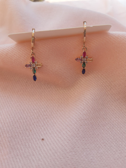 Earrings, Gold style, colored glass style inserts, beautifully crafted