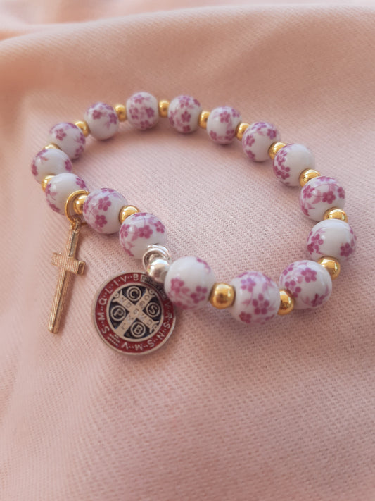 Bracelet ceramic style, gold and pearl style, comfortable wear in WHITE AND ROSE