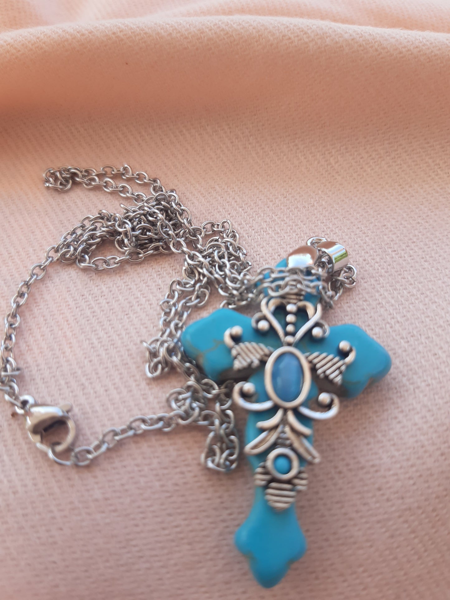 Stone turquois style retro blue and silver Cross of Christ