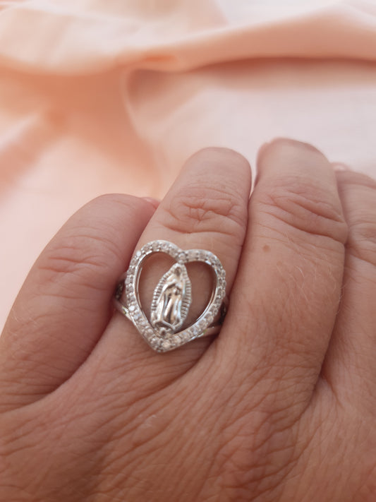 Ring silver style, diamond style, Virgin Mary in heart, open size
