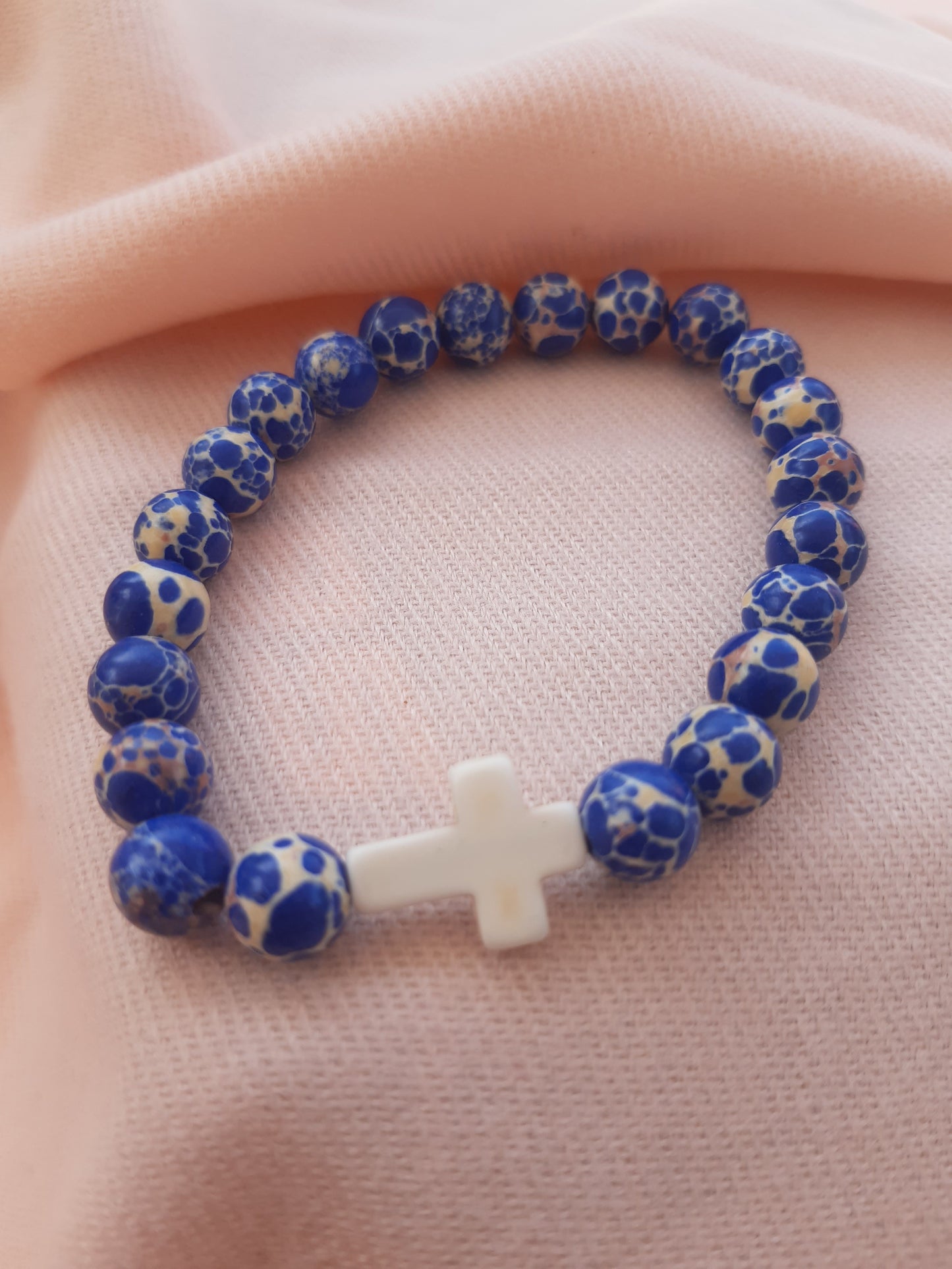 bracelet ocean blue, stone style, sprung, comfortable Rosary with Cross